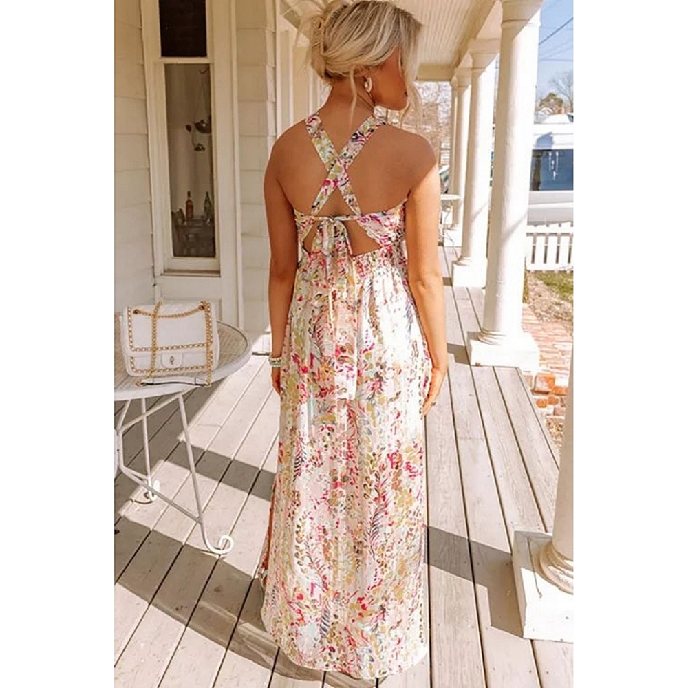 LAST ONE! Plus Size Floral Maxi Dress With Criss Cross BacK - Picture 4 of 7